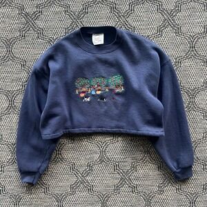 Vintage Cropped Sweatshirt Womens XL Navy Orchard Cottagecore Animals Farm 90s